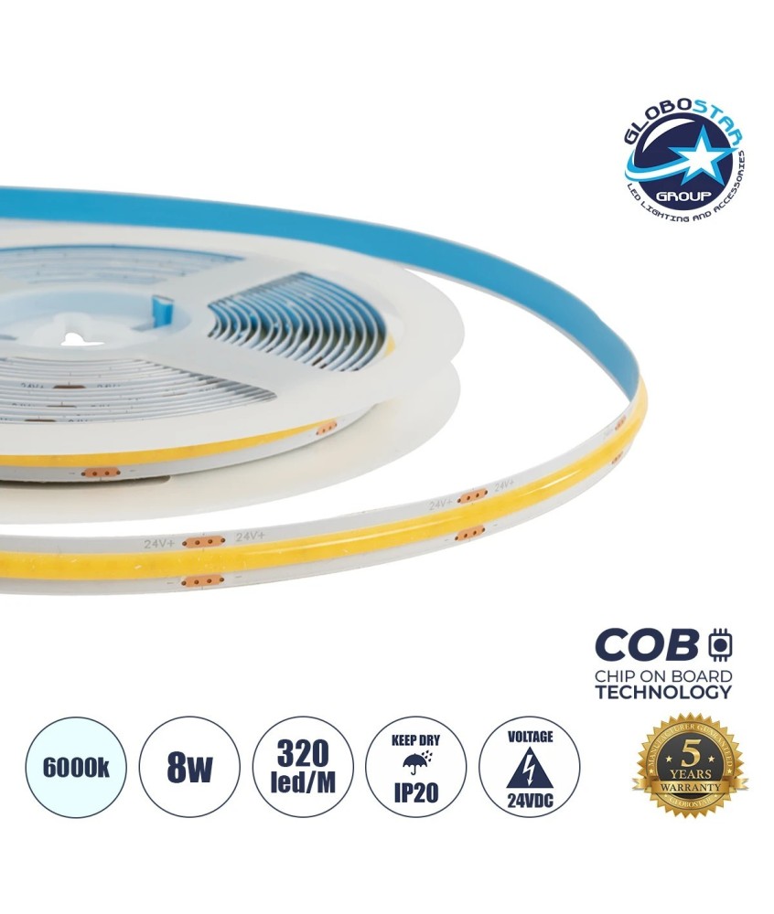 GLOBOSTAR® BEE 70359 Ταινία LED 8W-m 880lm-m 120° DC 24V IP20 320 x COB Chip-m Ψυχρό Λευκό 6000K Dimmable - Sanan COB Chip - Μ500 x Π0.8 x Υ0.2cm - Ρολό 5 Μέτρων - 5 Χρόνια Εγγύηση